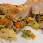 Broccoli, Red Pepper and Red Onion Stuffed Chicken Breast cut in half