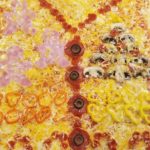 Large Rectangle Pizza Decorated Like an Ugly Christmas Sweater; featuring gingerbread men ham, pepperoni buttons, pepperoni candy canes, yellow and red sweet pepper rings and mushrooms