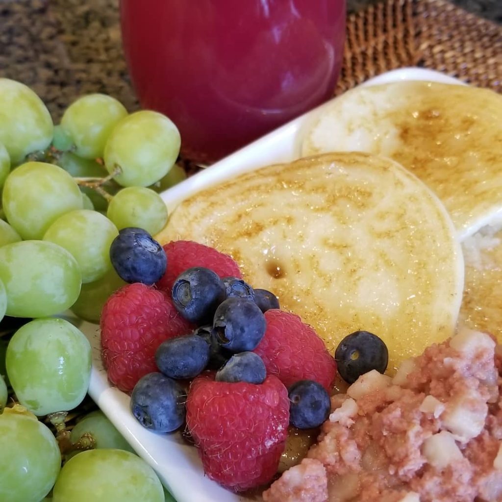 Bisquick Pancakes Fruit and Corned Beef Hash